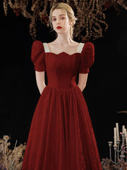 Cute Satin Long Prom Dress, A-Line Short Sleeve Evening Party Dress
