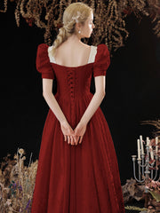Cute Satin Long Prom Dress, A-Line Short Sleeve Evening Party Dress