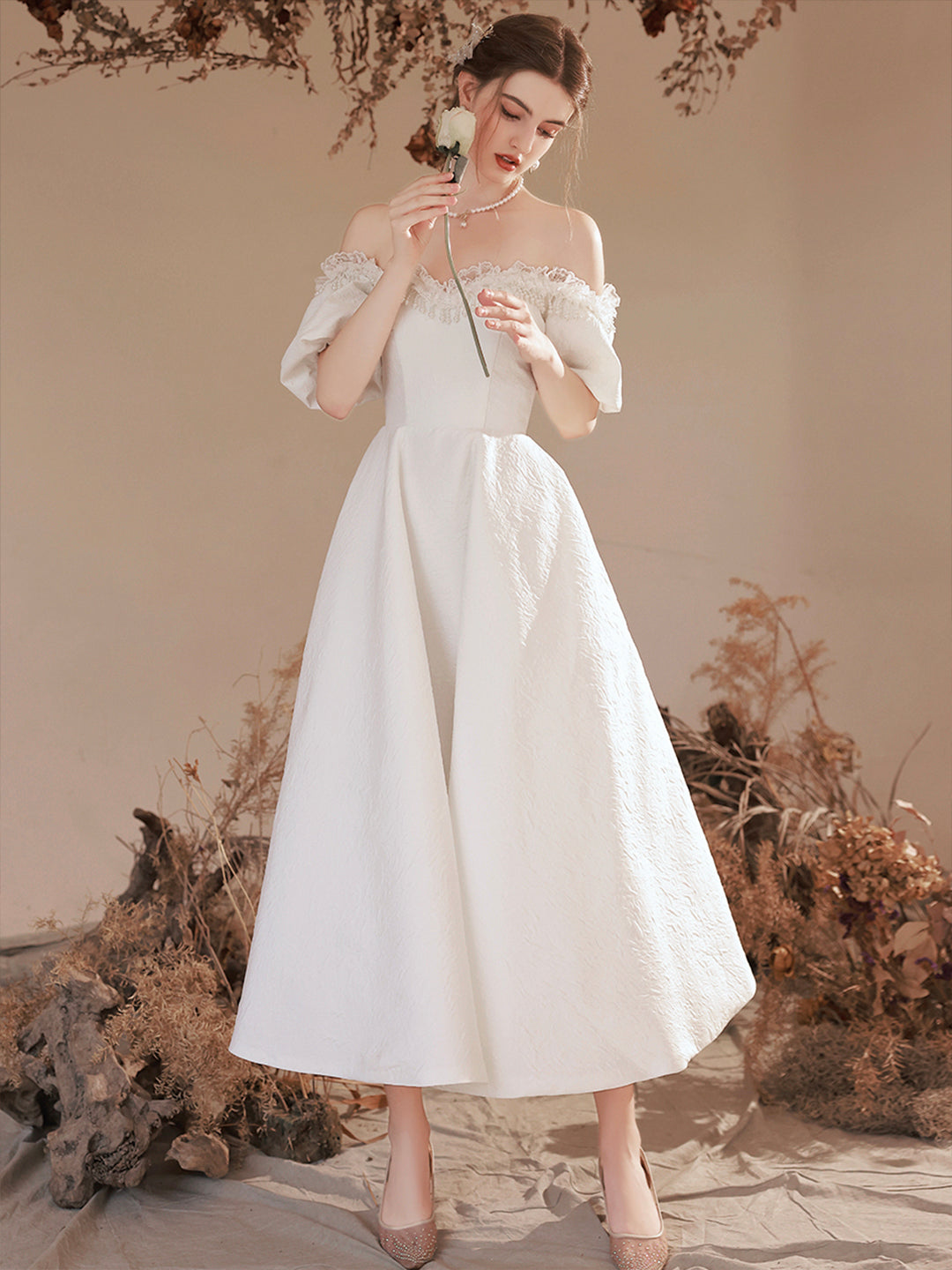 Cute Off-Shoulder Short Prom Dresses, White A-Line Evening Party Dresses