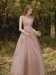 Pink Tulle Lace Long Prom Dress, Beautiful A-Line Evening Party Dress