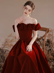 Burgundy Velvet Long Formal Evening Dress, A-Line Off the Shoulder Prom Dress
