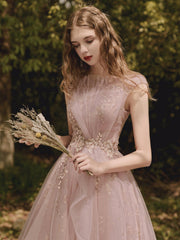 Pink Tulle Lace Long Prom Dress, Beautiful A-Line Evening Party Dress