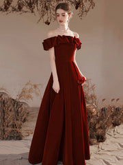 Burgundy Velvet Long Formal Evening Dress, A-Line Off the Shoulder Prom Dress