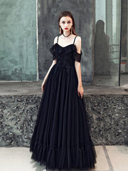 Black Spaghetti Strap Tulle Floor Length Formal Dress, A-Line Black Party Dress with Lace