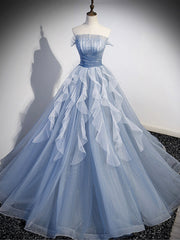 Blue Strapless Tulle Long Prom Dress, Chic A-Line Formal Dress with Long Sleeves