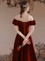 Burgundy Velvet Long Formal Evening Dress, A-Line Off the Shoulder Prom Dress