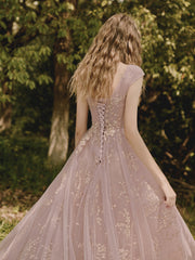 Pink Tulle Lace Long Prom Dress, Beautiful A-Line Evening Party Dress