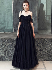 Black Spaghetti Strap Tulle Floor Length Formal Dress, A-Line Black Party Dress with Lace