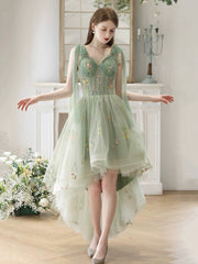 Lovely High Low Lace Party Dress, Green Tulle Short Prom Dress, Green Homecoming Dress
