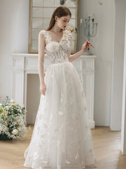 White Tulle Lace Long Formal Dresses, Off Shoulder Evening Dresses
