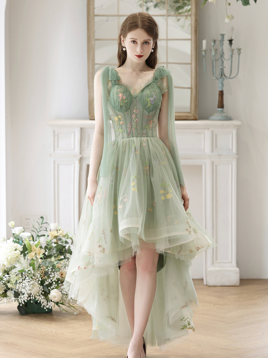 Lovely High Low Lace Party Dress, Green Tulle Short Prom Dress, Green Homecoming Dress