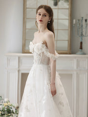 White Tulle Lace Long Formal Dresses, Off Shoulder Evening Dresses