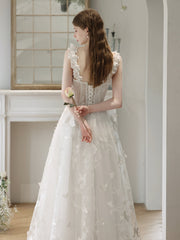White Tulle Lace Long Formal Dresses, Off Shoulder Evening Dresses