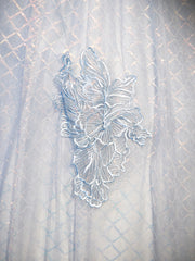 Blue Tulle Lace Long Prom Dress, Shiny A-Line Short Sleeve Evening Dress