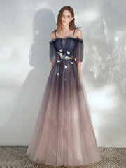 Blue Gradient Tulle Long Prom Dress, Lovely Spaghetti Strap Evening Dress