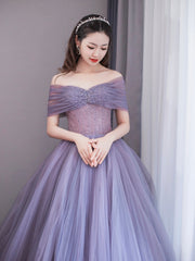 Purple Tulle Beaded Floor Length Prom Dress, Off Shoulder A-Line Evening Dress