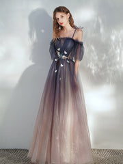 Blue Gradient Tulle Long Prom Dress, Lovely Spaghetti Strap Evening Dress