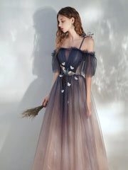 Blue Gradient Tulle Long Prom Dress, Lovely Spaghetti Strap Evening Dress