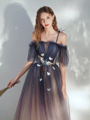 Blue Gradient Tulle Long Prom Dress, Lovely Spaghetti Strap Evening Dress