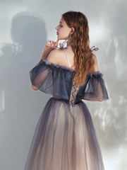 Blue Gradient Tulle Long Prom Dress, Lovely Spaghetti Strap Evening Dress