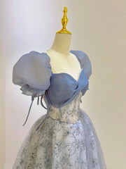 Blue Tulle Lace Long Prom Dress, Beautiful Short Sleeve Evening Dress