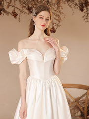 White Satin Floor Length Formal Dress, A-Line Off Shoulder Evening Dress Prom Dress