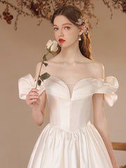 White Satin Floor Length Formal Dress, A-Line Off Shoulder Evening Dress Prom Dress