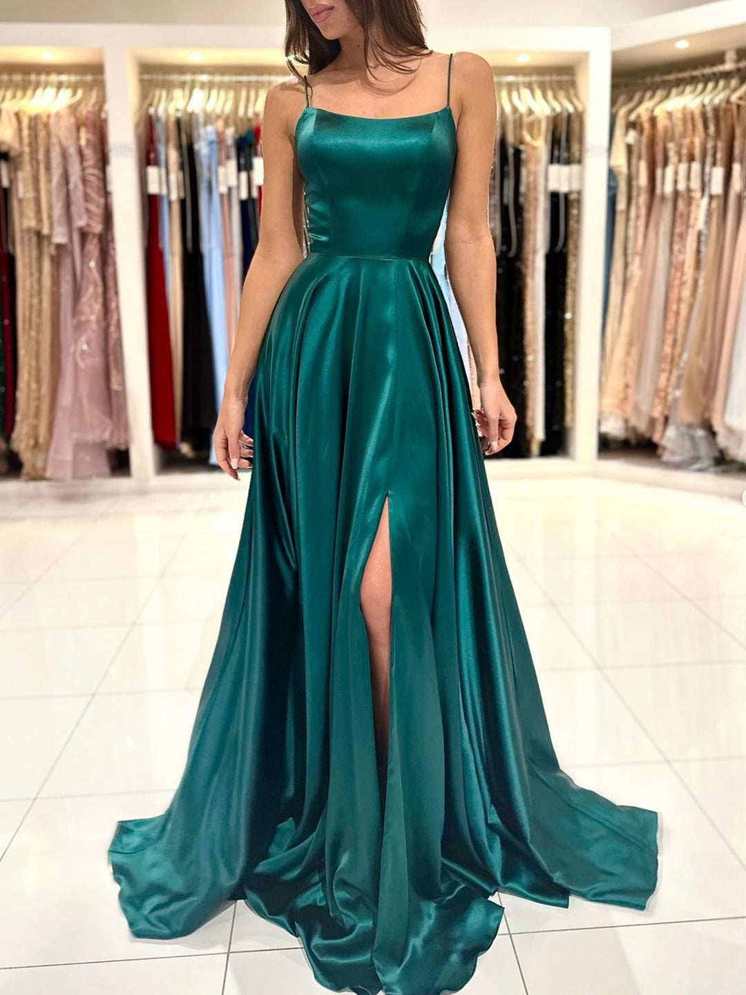 Simple Satin Long Prom Dress, A-Line Green Backless Evening Dress