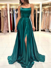 Simple Satin Long Prom Dress, A-Line Green Backless Evening Dress