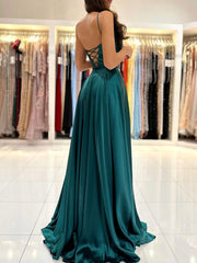 Simple Satin Long Prom Dress, A-Line Green Backless Evening Dress