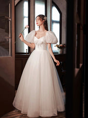 White Tulle Long Formal Dress, Beautiful A-Line Puff Sleeve Evening Dress
