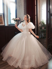 White Tulle Long Formal Dress, Beautiful A-Line Puff Sleeve Evening Dress