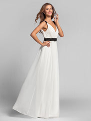 Sheath / Column V Neck Floor Length Georgette Bridesmaid Dress with Sash / Ribbon