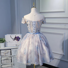 Light Pink Cute Short Tulle with Floral Lace Homecoming Dress, Short Prom Dress Graduation Dress