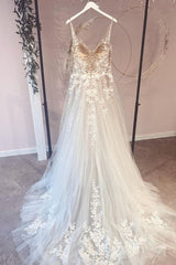 Lange A-Line Appliques Lace Spaghetti Barken Sweetheart Tulle trouwjurken