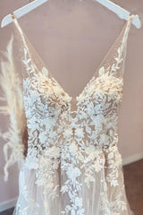 Lange A-Line Appliques Lace Spaghetti Barken Sweetheart Tulle trouwjurken