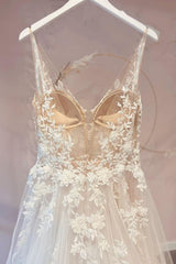 Lange A-Line Appliques Lace Spaghetti Barken Sweetheart Tulle trouwjurken