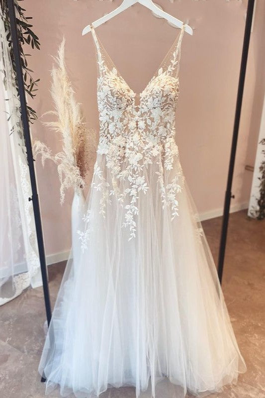 Lange A-Line Appliques Lace Spaghetti Barken Sweetheart Tulle trouwjurken