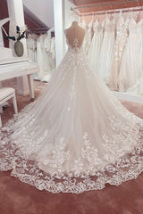 Lange A-Line Appliques Lace Sweetheart Tule trouwjurk