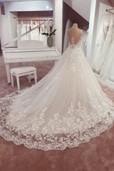 Lange A-Line Appliques Lace Sweetheart Tule trouwjurk