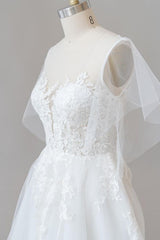 Lange A-Line Appliques Lace Tule trouwjurk met mouwen