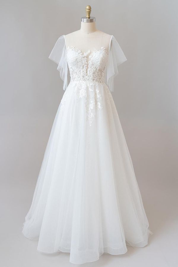 Lange A-Line Appliques Lace Tule trouwjurk met mouwen