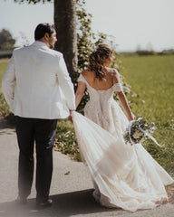 Long A-line Off-the-Shoulder Boho Wedding Dress with Lace Tulle
