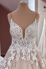 Lange A-Line pailletten tule spaghetti riemen appliques kanten trouwjurk