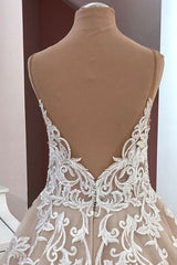 Lange A-Line pailletten tule spaghetti riemen appliques kanten trouwjurk