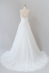 Lange A-Line spaghetti-riem applique tule backless trouwjurk