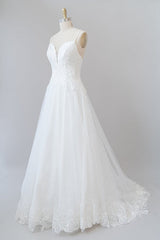 Lange A-Line spaghetti-riem applique tule backless trouwjurk