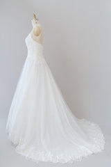 Lange A-Line spaghetti-riem applique tule backless trouwjurk