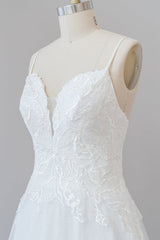 Lange A-Line spaghetti-riem applique tule backless trouwjurk