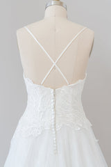 Lange A-Line spaghetti-riem applique tule backless trouwjurk